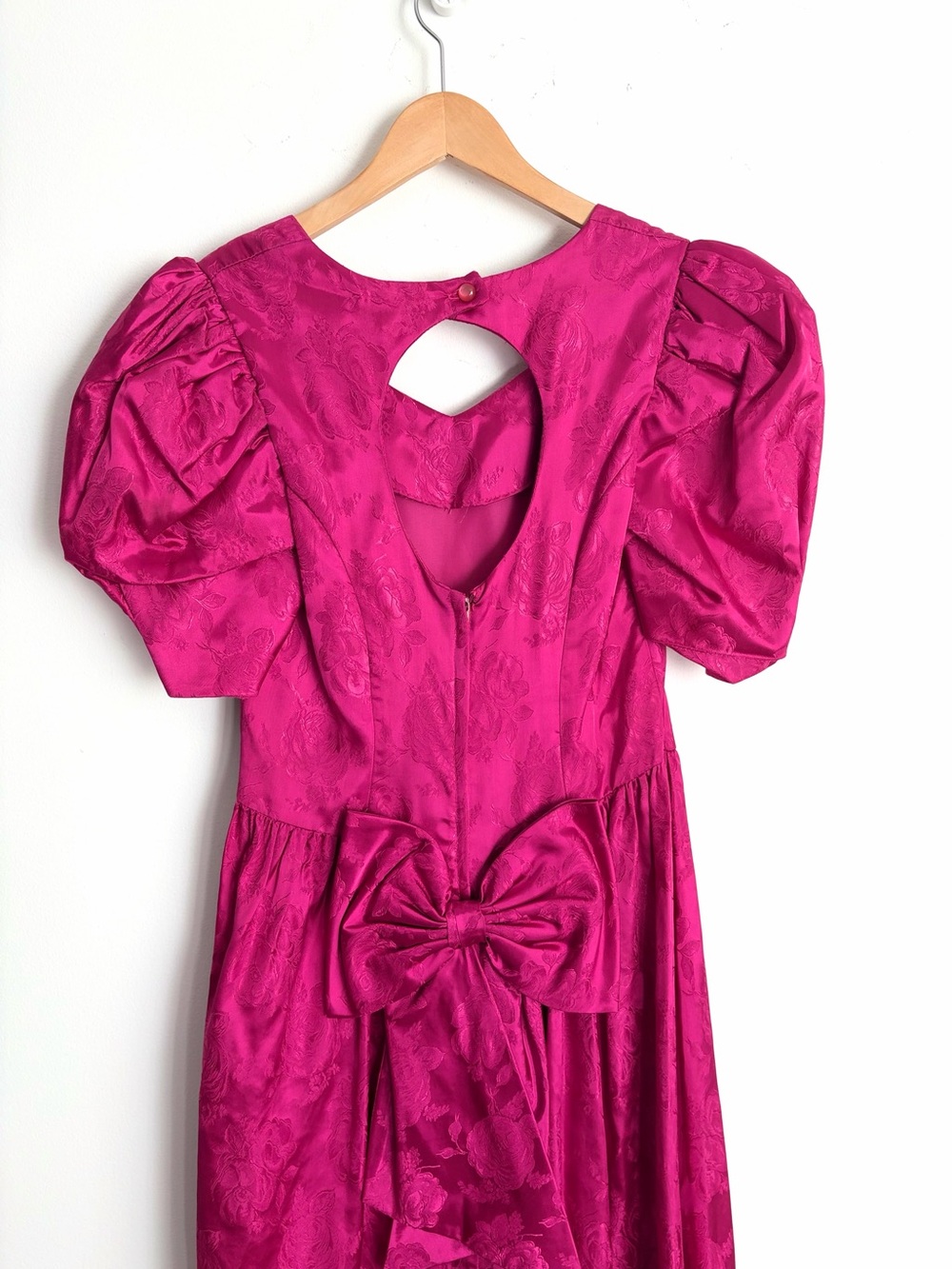 Vintage Fuchsia Rose Jacquard Basque Waist Puff Sleeve Dollcore Dress XS-S - Picture 5 of 12